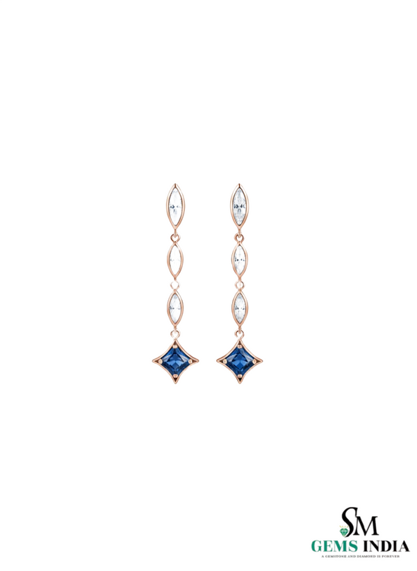 Square cut Natural Blue Tanzanite &; Diamond Long Drop Earrings in 14k and 18k Gold