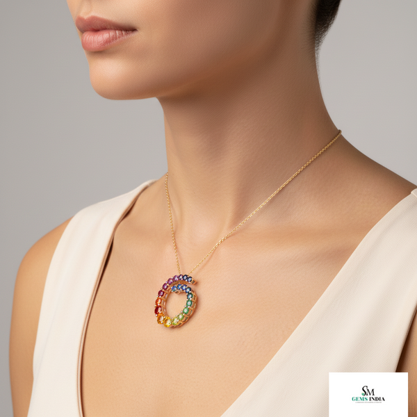 1.40 carat Rainbow Circle Swirl Pendant Spiral Multicolor Stone Necklace