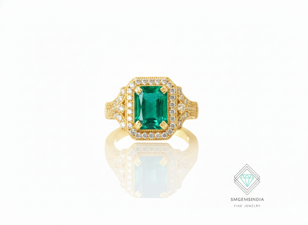 4.10 carat Emerald Cut Natural Emerald And Diamonds Vintage Split Band Ring in 14K Gold