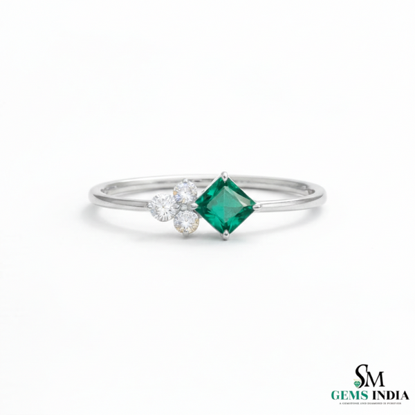 Princess Cut Green Emerald Ring with Trio Diamond Accent Cluster – Minimalist Fine Jewelry