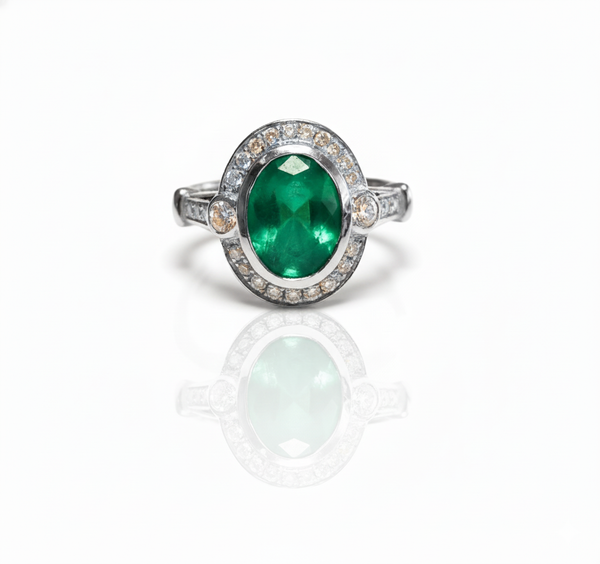 2.10 carat Elegant Oval Cut Natural Emerald Promise Ring with Sparkling Diamonds Accent and Split Band Design