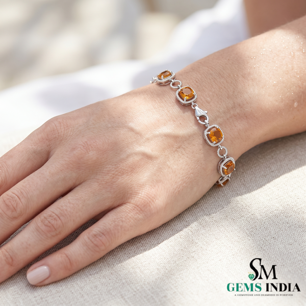 Natural Cushion Cut Citrine Halo Bracelet - Fine Gemstone Tennis Bracelet for Women