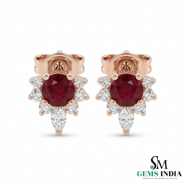 Round Ruby & Diamond Halo Stud Earrings Elegant Fine Jewelry Gift for Women
