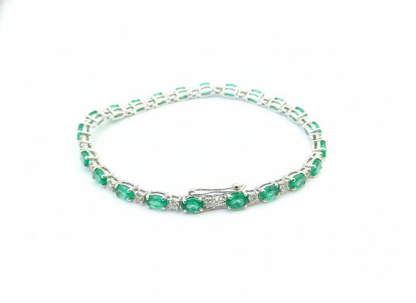 Oval Natural Emerald and Diamond Link Bracelet 14k Gold May Birthstone