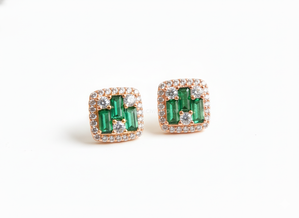 Natural Emerald Baguette & Diamond 18k Gold Stud Earrings Green Gemstone