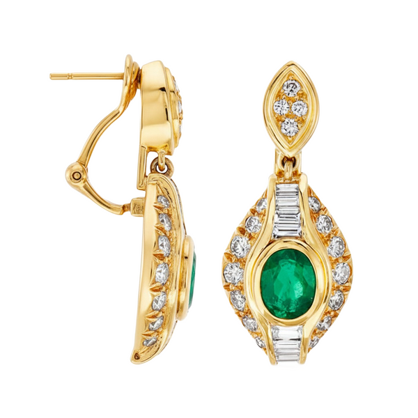 7,80 ct dunkelgrüne Statement-Ohrhänger mit großen sambischen Smaragden im Smaragd- und Ovalschliff, 18 Karat Gold, Smaragdohrringe, ovale Smaragdstecker