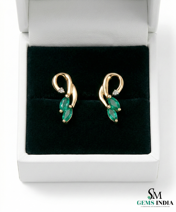 Marquise Emerald & Diamond Accent Curved Stud Earrings