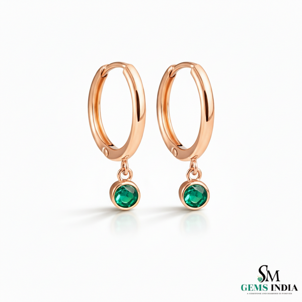 Emerald Drop Hoop Earrings in Gold – Round Emerald Dangle Huggie Earrings