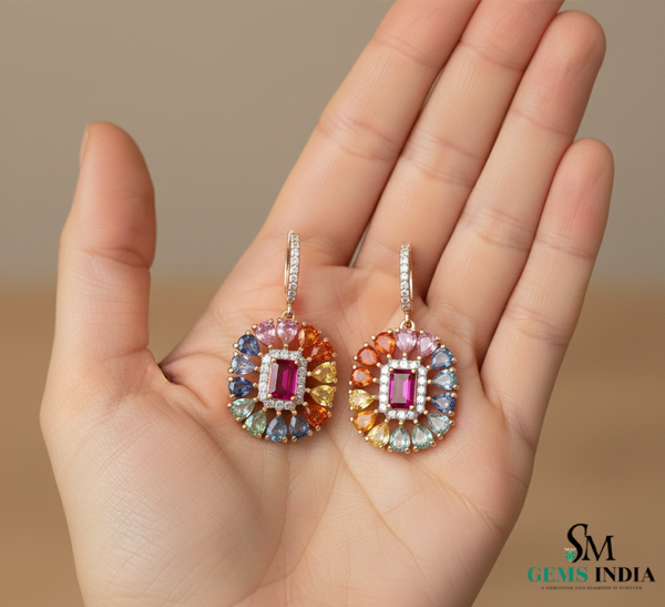 Pear shaped Rainbow Multi-Sapphire Drop Earrings with Pink Tourmaline