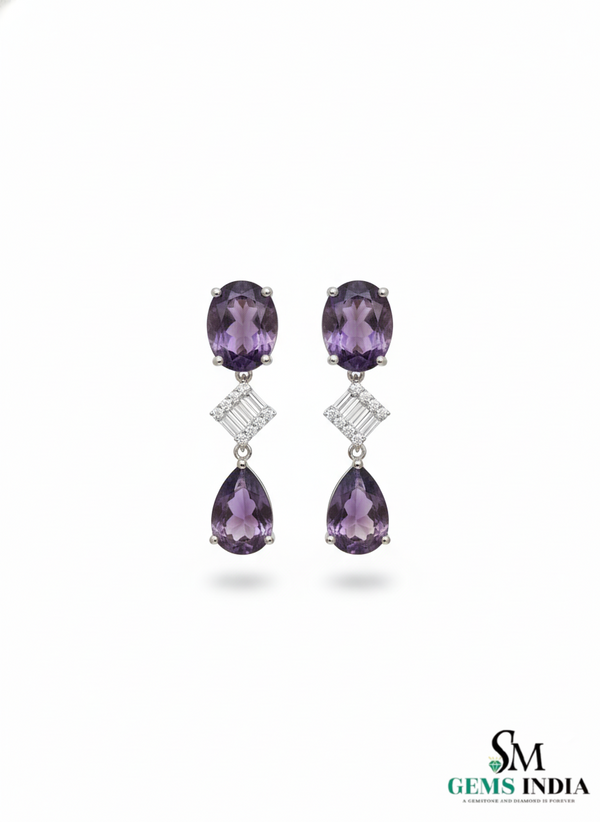 Elegant Oval and Pear Amethyst Drop Earrings with Baguette Diamond Accents