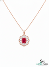 Cushion Cut Ruby & Diamond Floral Halo Pendant in 14k and 18k Gold