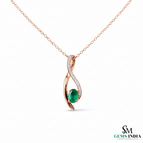 Oval Shape Natural Green Emerald & Diamond Twist Pendant - Green Gemstone Jewelry