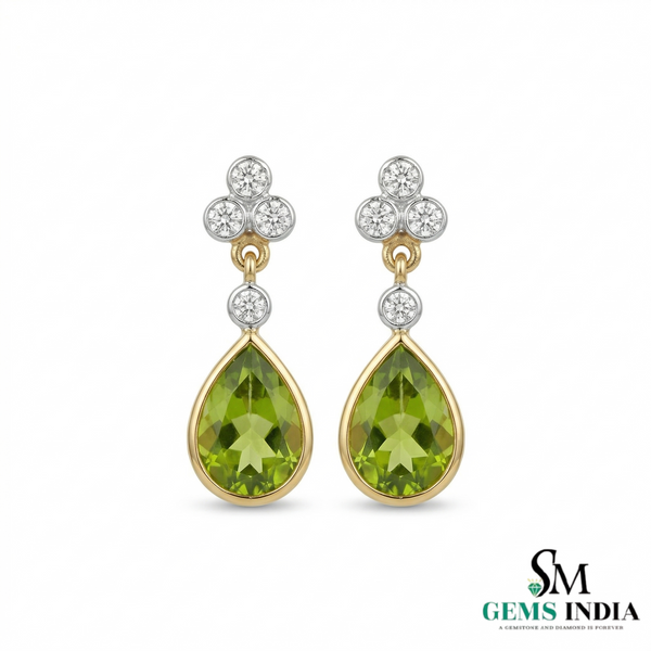 Green Peridot Teardrop Dangle Earrings with Diamond Accents - Fine Jewelry Gift for Her