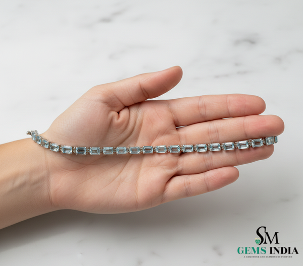 Emerald Cut Aquamarine Tennis Bracelet - Timeless Elegance Design