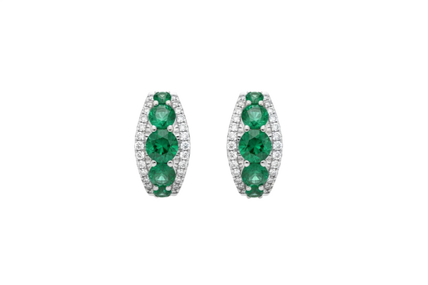 14k Solid Gold Emerald and Diamond Hoop Earrings: May Birthstone Gift