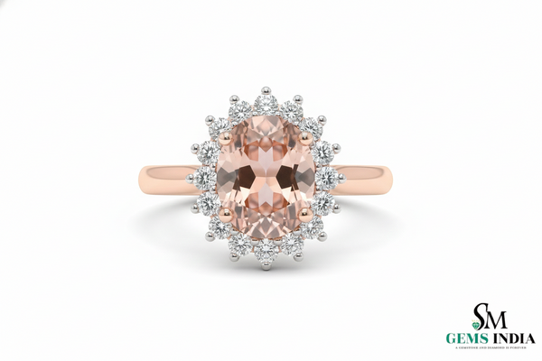 Luxury Oval Morganite Halo Ring with Diamonds - Blush Pink Engagement Ring