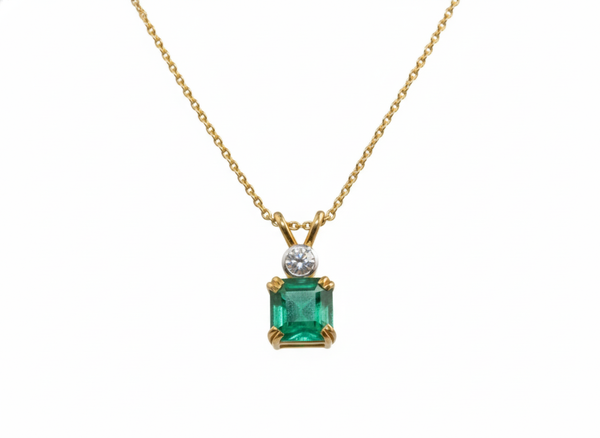 Natural Emerald Cut Square Green Gemstone Pendant with Diamond Accent