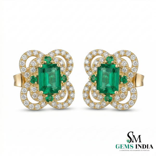 Designer Emerald cut Emerald and Round Emerald& Diamond Statement Stud Earrings