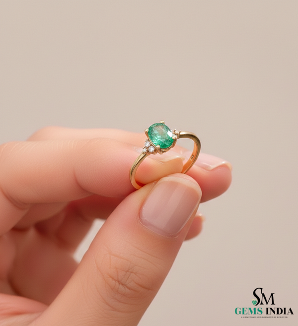 Natural Oval Emerald Engagement Ring with Diamond Accents – 14K Gold
