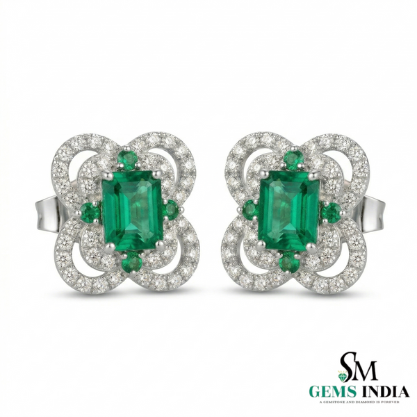 Designer Emerald cut Emerald and Round Emerald& Diamond Statement Stud Earrings