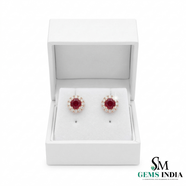 Round Ruby Halo Stud Earrings with Diamonds - Elegant Ruby Gold Stud Earrings