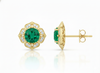 Vintage Floral cushion cutNatural Emerald & Diamond Stud Earrings in 18K Gold
