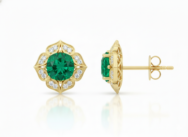 Vintage Floral cushion cutNatural Emerald & Diamond Stud Earrings in 18K Gold