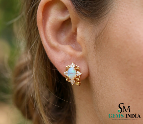 Oval Natural Opal & Diamond Stud Earrings Classic Gold Opal Earrings