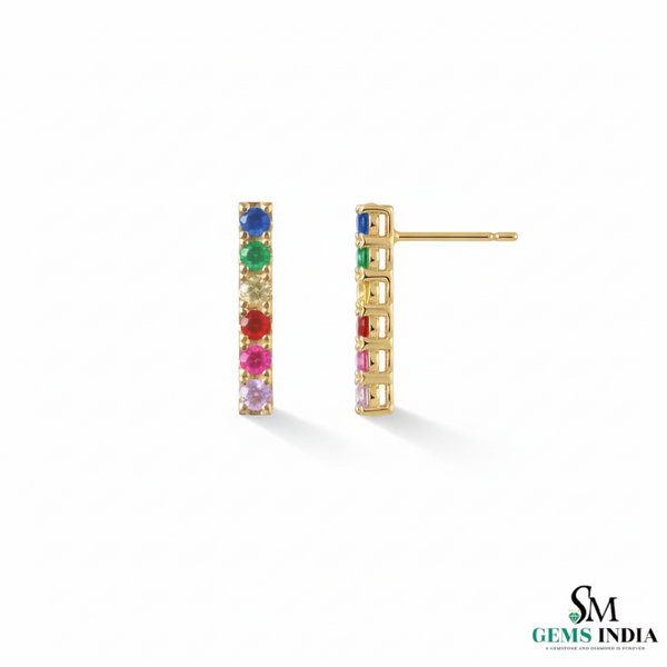 Multi Sapphire Vertical Bar Stud Earrings - Minimalist gemstone studs