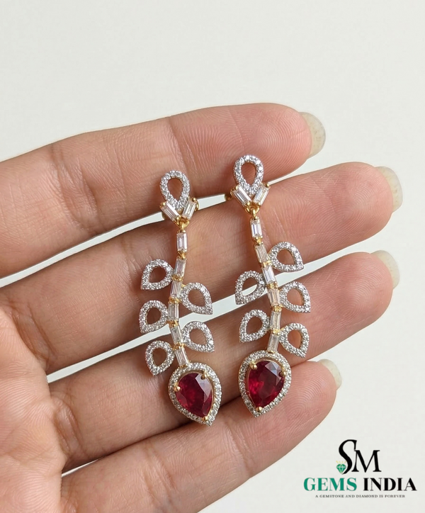 Pear Cut Ruby & Diamond Leaf Drop Earrings - Elegant Ruby Dangle Statement Earrings for Women