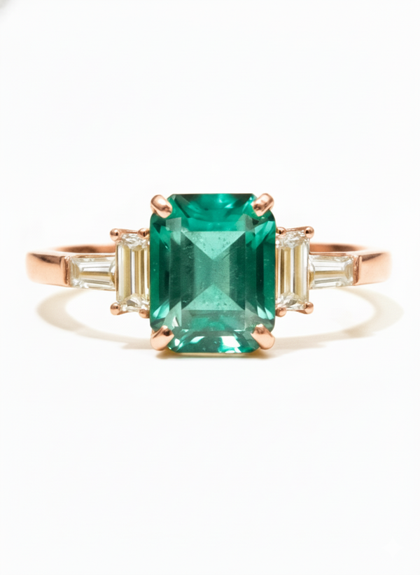 Timeless Emerald Cut Three-Stone Natural Emerald Ring with Baguette Diamonds in 14k Gold