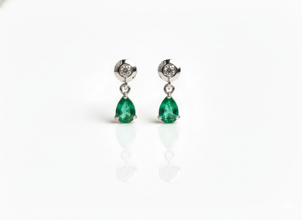 1.90 carat Pear Shape Natural Emerald and Diamond 14k Gold Stud Earrings