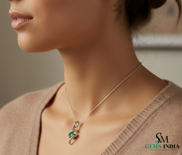 Natural Emerald Round Stone Curved Twist Pendant - Green Gemstone Jewelry