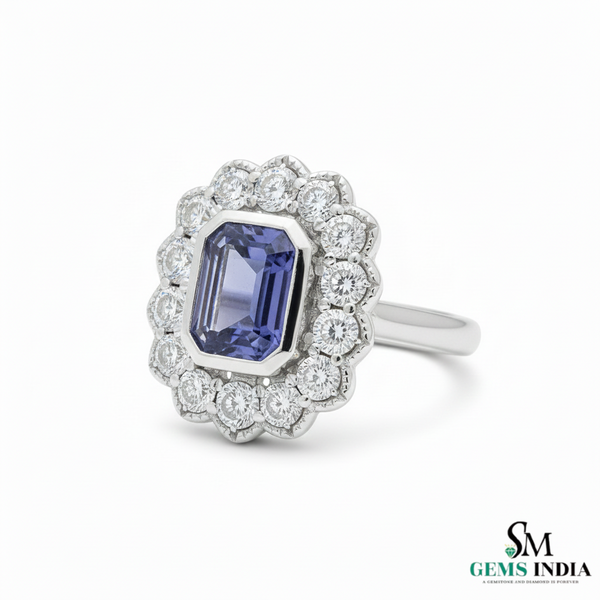 Natural Emerald Cut Tanzanite Ring with Diamonds – Vintage Elegance