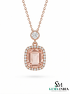 Luxury Emerald Cut Morganite & Diamond Halo Pendant Necklace