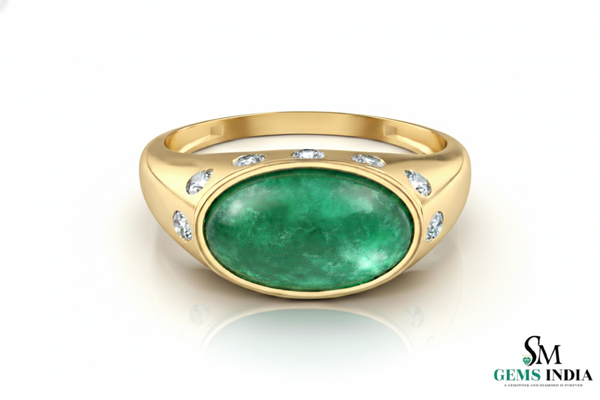 Real Emerald Cabochon Men's Ring - 18k Gold & Diamond May Birthstone