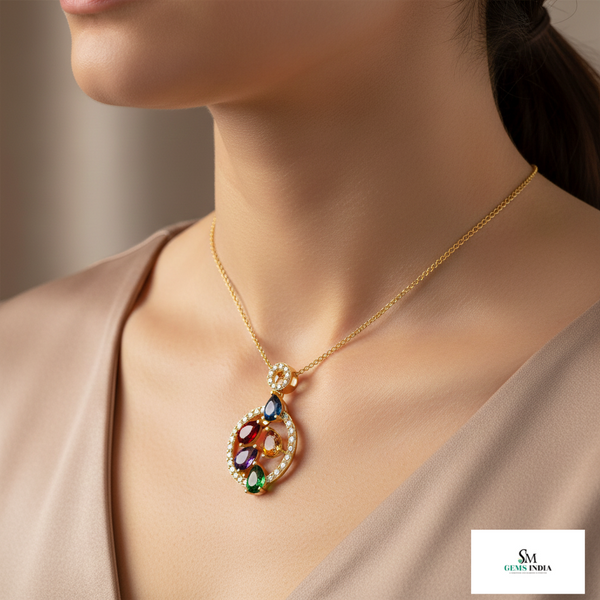 Multi Sapphires Rainbow Gemstone Pendant Pear Cut Multicolor Circle Pendant