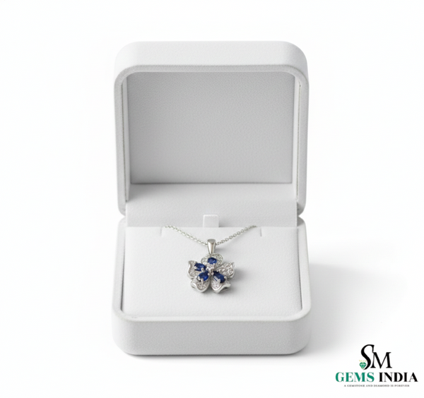 Floral Oval Blue Sapphire Diamond Flower Pendant - Engagement Gift For her