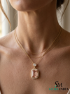 Luxury Emerald Cut Morganite & Diamond Halo Pendant Necklace