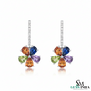 Rainbow Flower Drop Earrings Pear cut Multicolor Gemstone Dangle in 18k gold