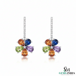 Rainbow Flower Drop Earrings Pear cut Multicolor Gemstone Dangle in 18k gold