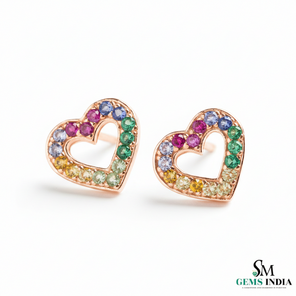 Round Luxury Multi Color Sapphire Open Heart Stud Earrings - Luxury Heart Earrings