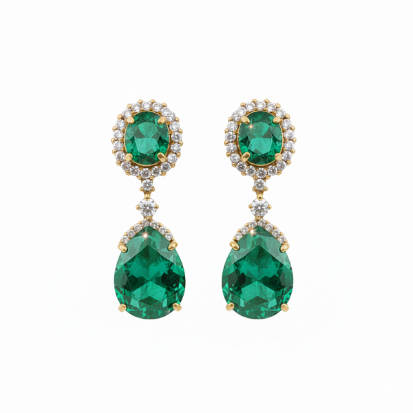 Natural Emerald Diamond Dangle Earrings: 18K Gold Pear Oval Green Gemstone Jewelry