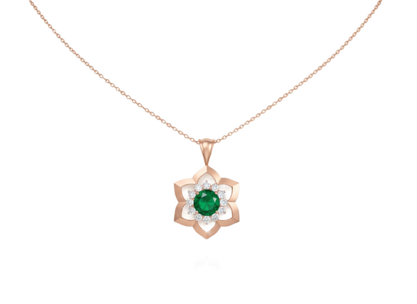 Round Natural Emerald Blossom Pendant Necklace in Gold Elegant Floral Design Jewelry Gift