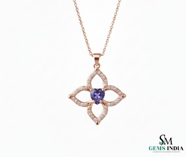 Natural Heart Cut Tanzanite Diamond Flower Pendant