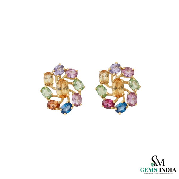 2.80 Carat Oval Rainbow Multi Gemstone Cluster Studs Fine Jewelry
