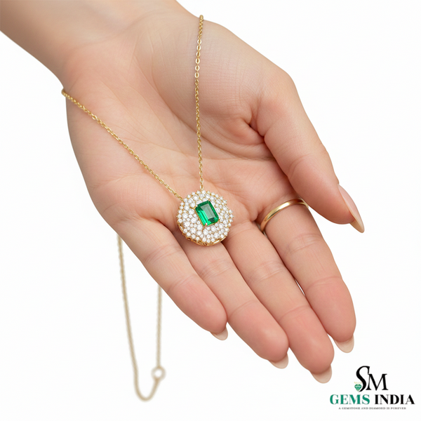 Emerald Cut Green Emerald & Diamond Halo Pendant Necklace