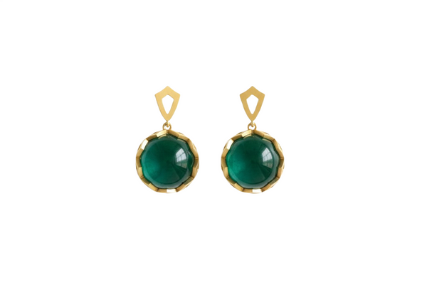 Emerald Dangle Earrings 14k Gold Round Cabochon May Birthstone