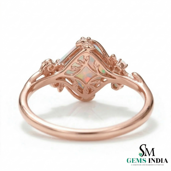 Octagon Cut Opal Ring with Floral Vine Design – Nature Inspired Yellow Gold Opal Ring