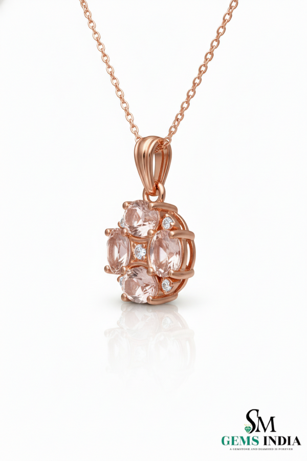 Oval cut Pink Morganite &; Diamond Gold Cluster Pendant for Women